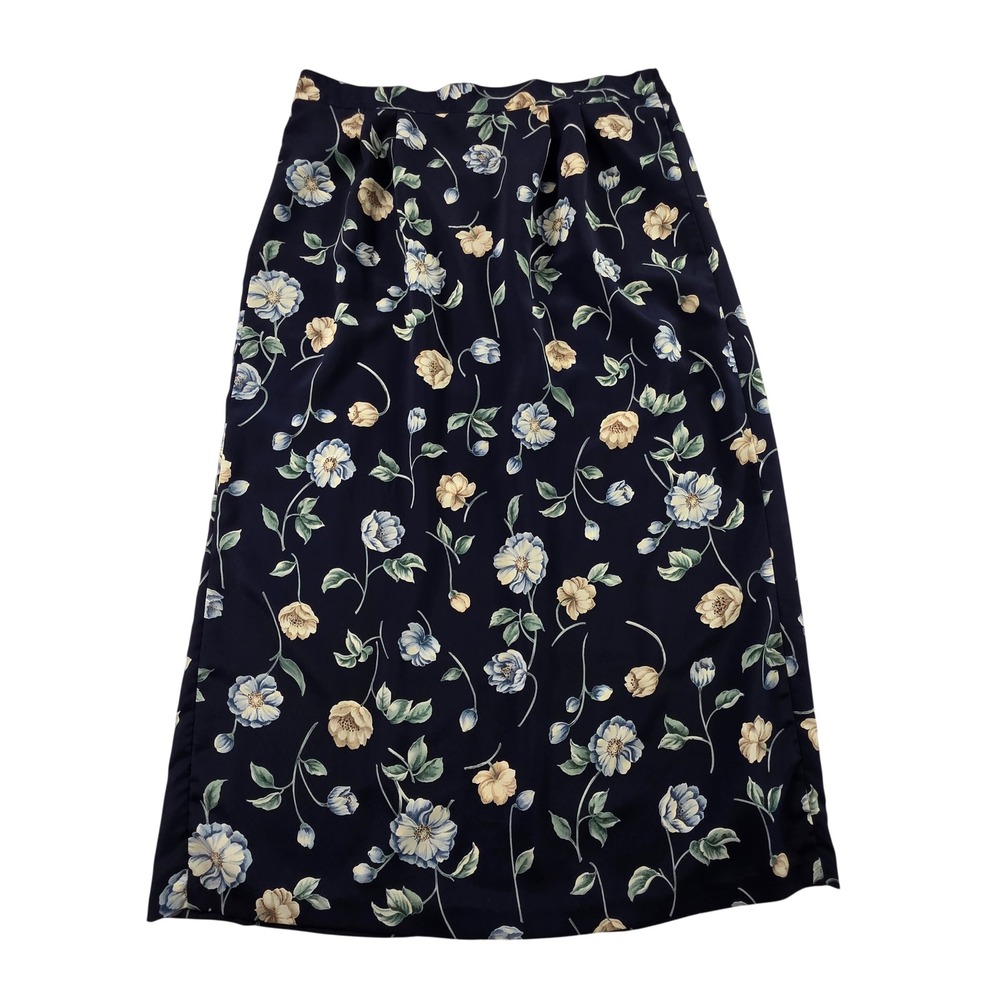 Floral Midi Skirt Elastic Waist Navy Blue Vintage 34 Large Cottagecore‎ Spring